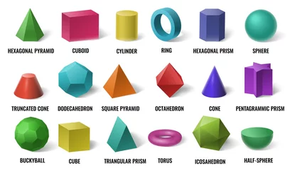 Foto auf Alu-Dibond Realistic 3D color basic shapes. Solid colored geometric forms, cylinder and colorful cube shape. Maths geometrical figure form, realistic shapes model. Isolated vector illustration icons set © Tartila