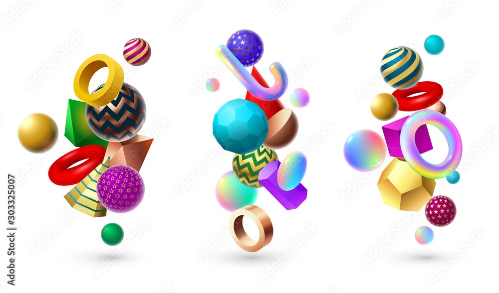 Poster abstract 3d shape composition. memphis geometric basic shapes, cube and spheres geometry. gradient f
