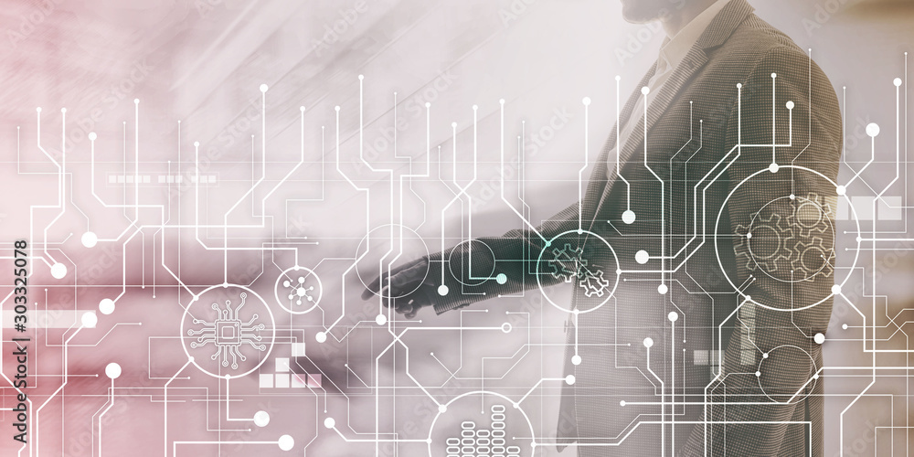 Poster electronic circuit board processor and gears on abstract business background
