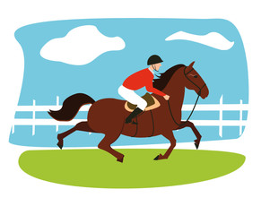 Equestrian, derby sport flat hand drawn color vector illustration. Stallion. Equestrianism. Racehorse hand drawn clipart. Horse racing competition.Professional jockeys, riders. Hippodrome, isolated