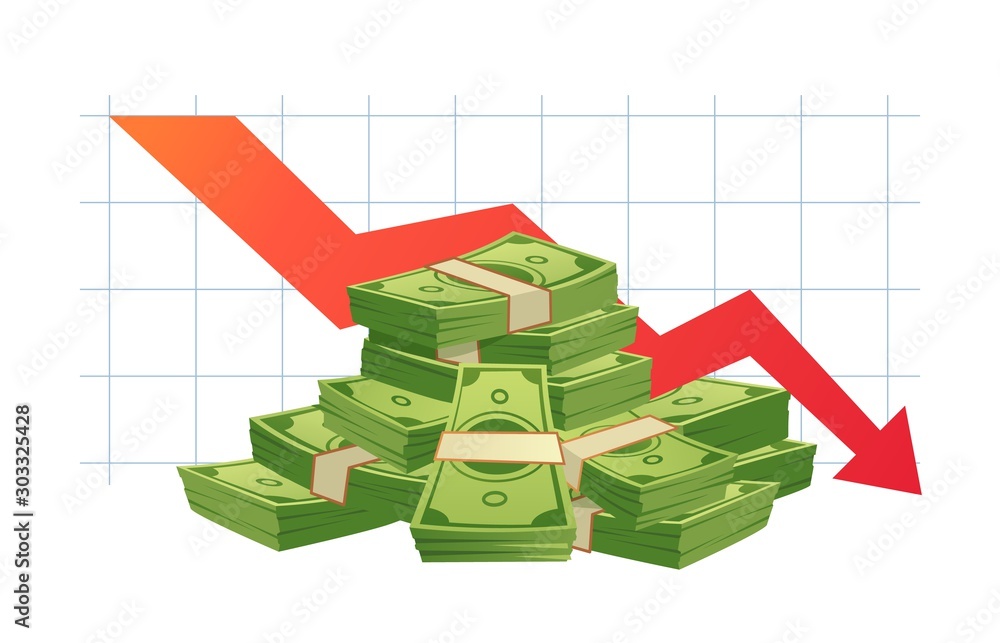 Wall mural Cash loss graph. Finance inflation schedule, money loss and decrease in income. Trader loss data, budget losses graph or investment bankruptcies isolated vector illustration