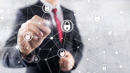 Cyber security, information privacy, data protection concept on modern server room background. Internet and digital technology concept.