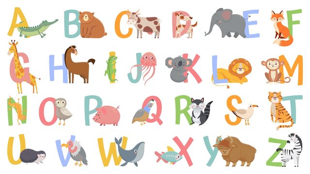 Cartoon animals alphabet for kids. Learn letters with funny animal, zoo ABC and english alphabet for kids. Alphabetically animals characters. Isolated vector icons illustration set