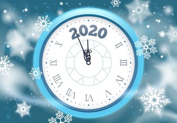 Obraz na płótnie Canvas New 2020 Year snow poster. Winter holidays countdown clock with snowflakes, vintage clocks arrows and holiday celebration hours. Christmas midnight clock greeting card vector illustration