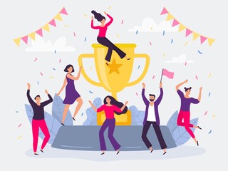 Winners team. Happy people win golden cup, successful champions dancing and celebrating victory. Corporative winning award trophy, success team or teamwork wins flat vector illustration - obrazy, fototapety, plakaty