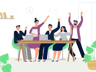 Excited office workers team. Successful managers, happy professional work group and colleagues rejoicing together. Teamwork, businesspeople corporate working flat vector illustration