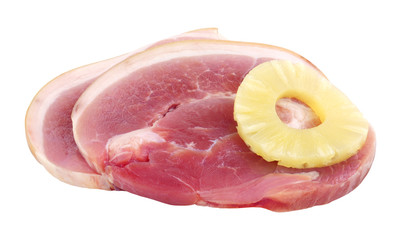 Two raw smoked horseshoe gammon steaks isolated on a white background