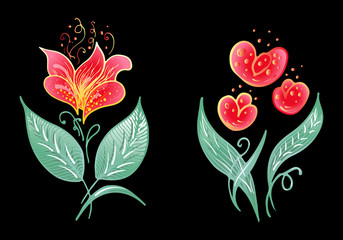 Set of two summer colorful tropical flowers. Floral botanical flower set isolated on white background. Hand drawn vector collection. Botanical Hawaii nature. Tropical palm icon. Hawaiian illustration