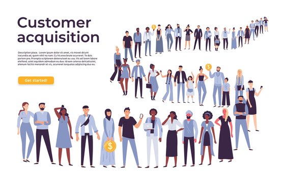 People Crowd Stand In Queue. Business People Standing And Waiting In Long Line. Businessman Shop Crowd, Buyer Customer Wait For Service Flat Vector Illustration