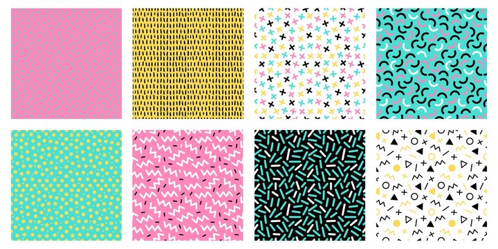 Colorful Memphis Seamless Patterns. Fashion 80s Mosaic Texture, Color Retro Textures And Geometric Lines And Dots Pattern. 90s Hipster Memphis Wallpaper. Isolated Vector Icons Set