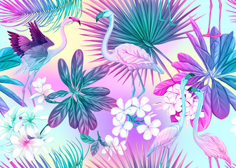 Fototapeta na wymiar Seamless pattern, background with tropical plants, flowers and birds. Colored vector illustration in neon, fluorescent colors. In light ultra violet pastel colors on mesh pink, blue background