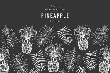 Pineapples and tropical leaves design template. Hand drawn vector tropical fruit illustration on chalk board. Engraved style ananas fruit banner. Retro botanical cover.