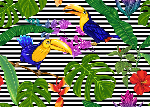 Seamless pattern, background with tropical plants, flowers and birds. Colored vector illustration. On black and white stripes background