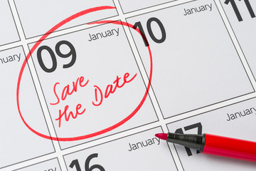 Save the Date written on a calendar - January 09
