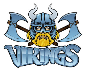 Viking in helmet sports mascot and crossed pair of axes graphic illustration