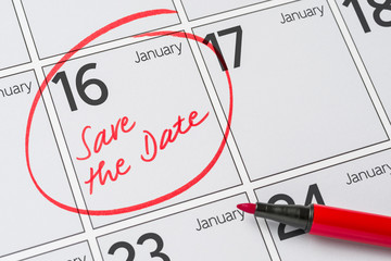 Save the Date written on a calendar - January 16