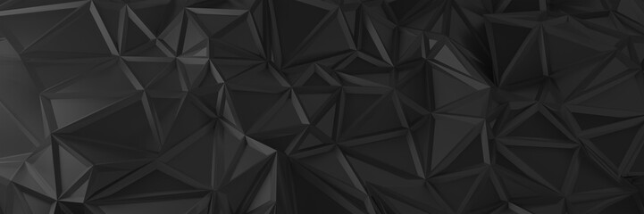 3d ILLUSTRATION, of black abstract crystal background, triangular texture, wide panoramic for wallpaper, 3d black background low poly design