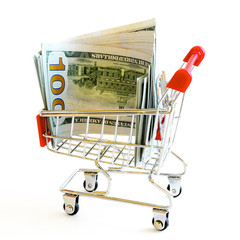 Studio shot empty tiny shopping cart with hundred (100) dollars banknotes inside