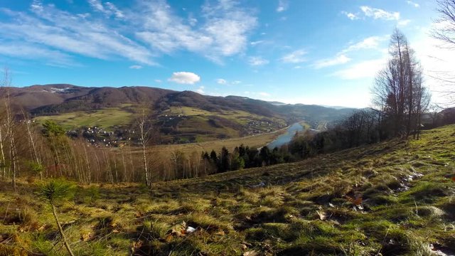 Beskids Mountains in early winter. View of Village Sucha Struga, Poland.