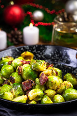 Roasted Brussels Sprouts with Bacon. Christmas Traditional Dish
