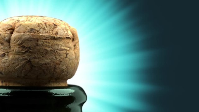 Cork flies out of champagne bottle isolated on bokeh background 3d 4K