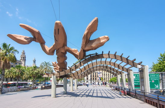 Barcelona, Spain - June 2019: Barcelona promenade and lobster sculpture