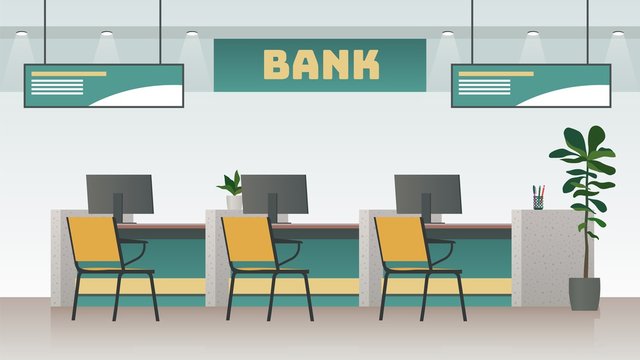 Bank office interior. Big work corporate room with computer and desk or table, empty inside space of building vector image