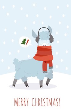 Christmas card with lama. Funny magic cute tibetan animal for xmas winter happy holiday pattern vector image