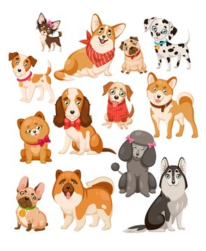 Happy dogs. Cute puppy pets and home funny animals cartoon isolated dog vector set