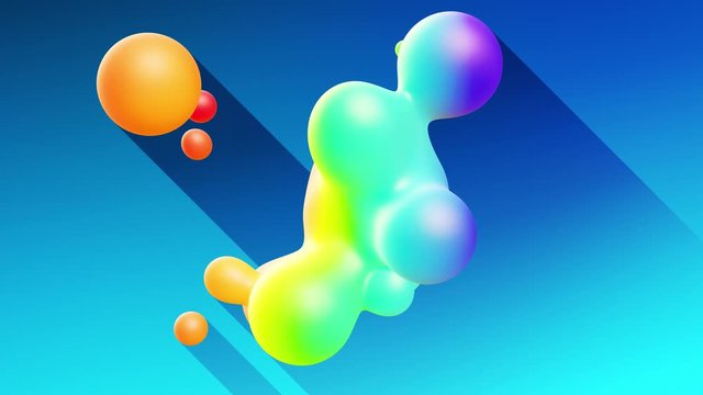 multi-colored balls or bubbles with popular gradient colors and in subsurface glow material fly in the air merge like drops metaballs, spheres casting long shadows. 4k seamless looped background 10