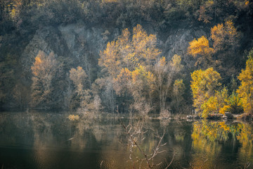 Old abandoned quarry. Autumn in New England, USA