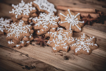 christmas cookies on christmas decoration rustical background