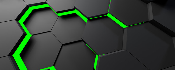 3d illustration of honeycomb BLACK WITH GREEN LINES ABSTRACT BACKGROUND, FUTURISTIC HEXAGONAL WALLPAPER, BACKGROUND