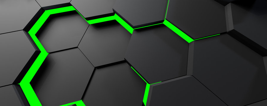 3d illustration of honeycomb BLACK WITH GREEN LINES ABSTRACT BACKGROUND,  FUTURISTIC HEXAGONAL WALLPAPER, BACKGROUND Stock Illustration | Adobe Stock