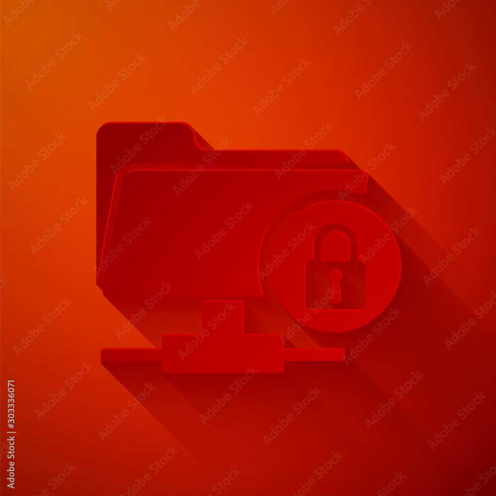 Poster paper cut ftp folder and lock icon isolated on red background. concept of software update, ftp trans