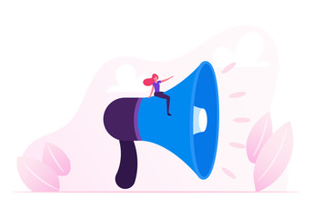 Public Relations and Affairs Concept. Communication Pr Agency Marketing Woman Sitting on Huge Megaphone. Alert Advertising, Propaganda Speech, Social Media Promotion. Cartoon Flat Vector Illustration