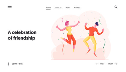 Holiday Celebration Website Landing Page. Happy Friends Celebrating Party. People Dancing and Jumping with Hands Up during Festive Birthday Event Web Page Banner. Cartoon Flat Vector Illustration