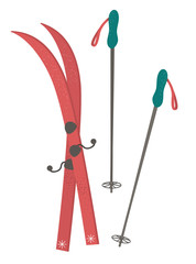 Set of sport equipment for winter sport activities. Vector illustration of skis with ski-poles. Active holidays items.