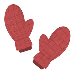 Winter clothes illustration. Pair of red vector mittens for cold weather isolated on white background. Flat picture of clothing items for hands..