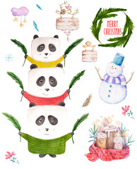 Merry christmas greetings and Happy new year 2020 templates with beautiful winter and snowfall watercolor hand drawn cartoon colorful set. Santa and squerell cute clip art for birthday and holiday