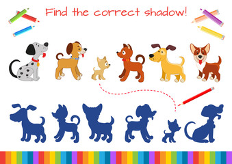 Find the correct shadow! Dogs of different breeds. Educational mini-game for children. Cartoon vector illustration