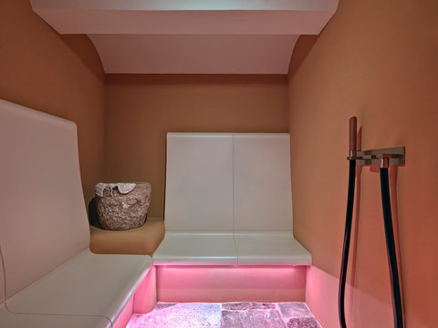 Interior View Of A Turkish Bath With Masonry Sitting Whose Walls Are  Painting Of Orange Color