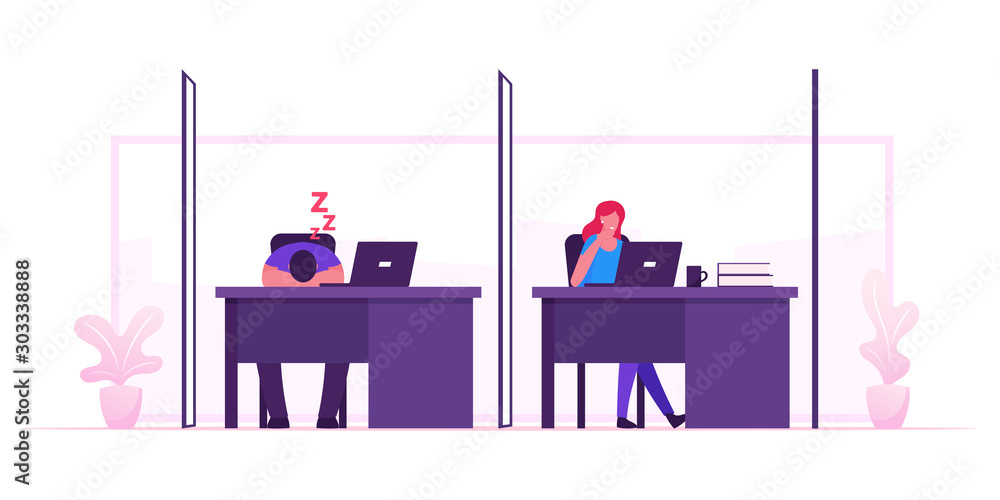 Poster freelancer activity in coworking space. characters work and rest in cowork area with desks and compu