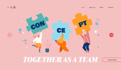 Teamwork Cooperation Concept Website Landing Page. People Assembling Separated Puzzle Construction, Searching Idea and Creative Solution of Problem Web Page Banner. Cartoon Flat Vector Illustration
