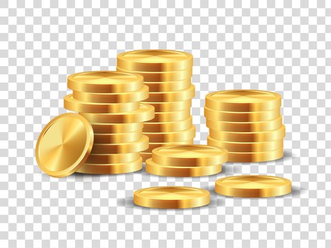 Golden coin stack. Realistic gold dollar coins game template for win lots in casino. Vector 3D cash money isolated on transparent background, symbolizing profit in business