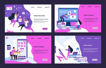 Education website. Cloud library, learning videos and tutorials, online education and testing. Vector training course design landing pages, illustrations template web interface learning site