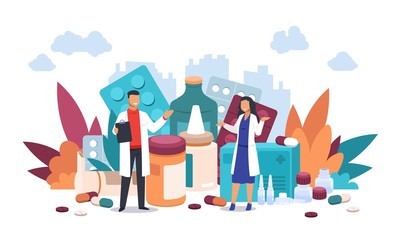 Pills concept. Cartoon trendy characters with medicine pills capsules and blisters collection. Vector illustration pharmaceutical objects business concept with nurse and physician