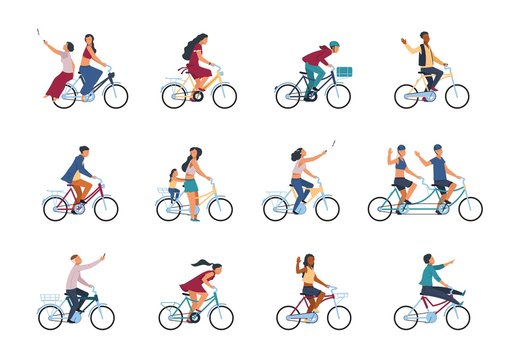 People on bike. Diverse active adults people characters riding on bicycle isolated on white background. Vector cartoon colour group of people with smartphone take photo