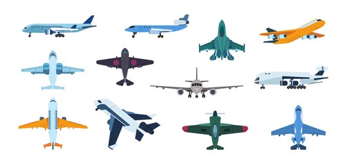Flat airplanes. Plane flight take off and landing, commercial aviation aircraft, air travel and transportation. Vector isolated illustration set aircraft various brands of industrial military purposes