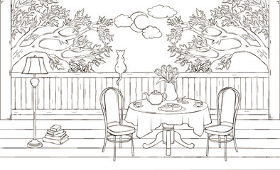 Fototapeta na wymiar Beautiful sketch of interior of veranda with flower vase, tea, mugs, teapot, cat, floor lamp, table, chair, books. Cozy atmosphere of tea party. Nobody. Fresh air. Evening. Balcony interior sketch